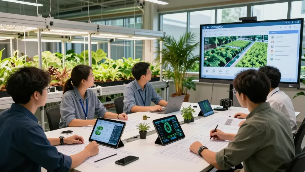 Indoor agriculture design team reviewing the CIKA4D link interface for optimal growth solutions.