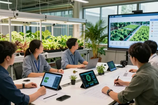 Indoor agriculture design team reviewing the CIKA4D link interface for optimal growth solutions.