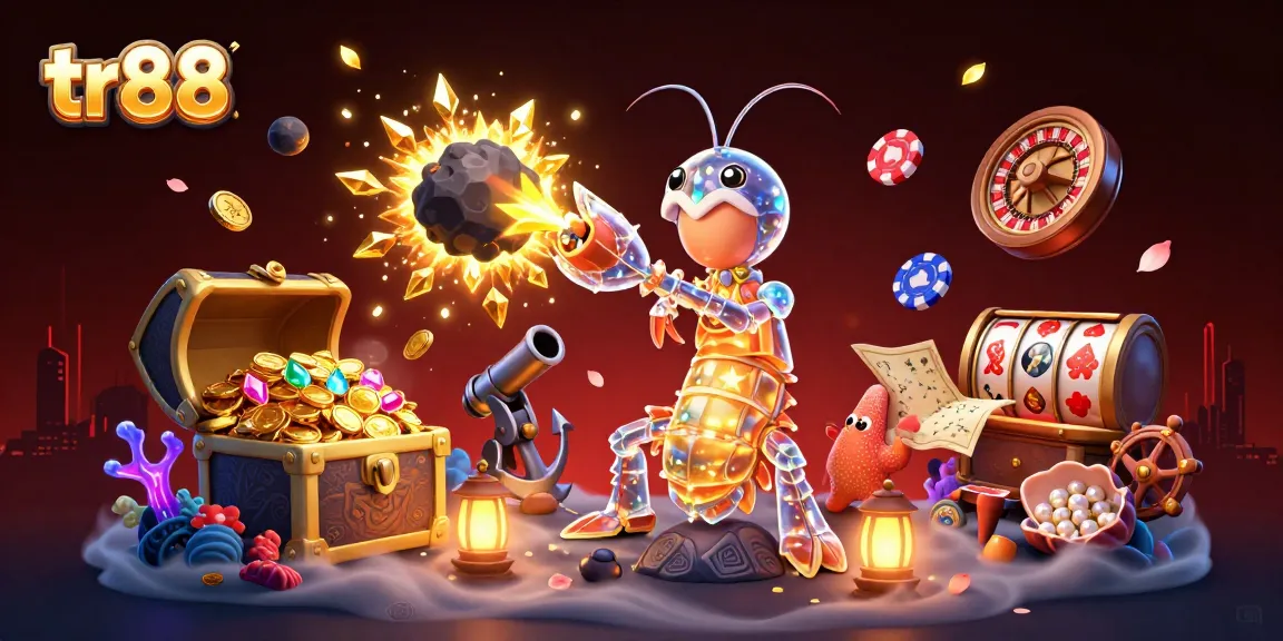Experience the excitement at tr88 with vibrant 3D casino-themed digital art depicting gambling elements.