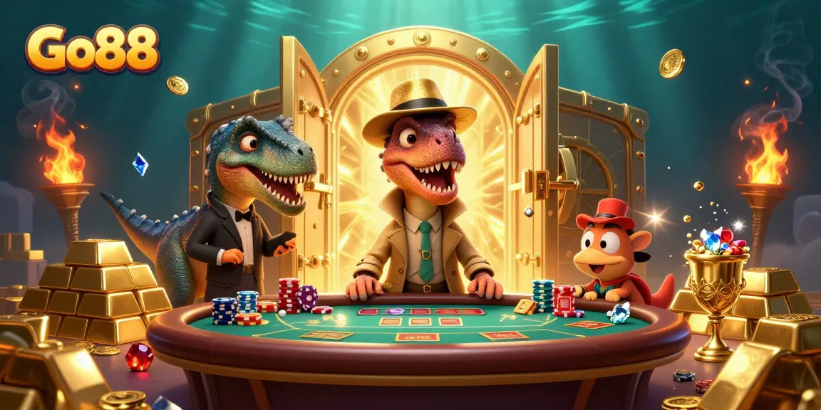 Experience the thrill of Go88 as a cartoon velociraptor discreetly counts cards at a blackjack table.