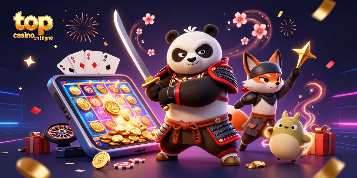 Plongée dans l'univers du top casino en ligne avec un panda samouraï, des jeux et des pièces en or.