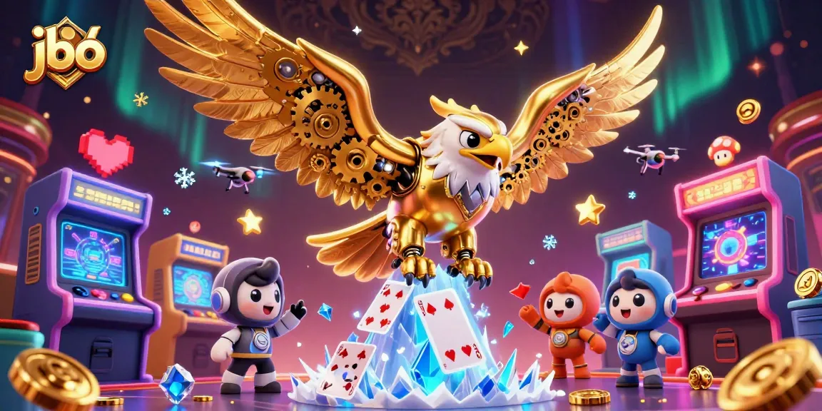 Experience thrilling gaming with JBO's vibrant casino world featuring an eagle and arcade elements.