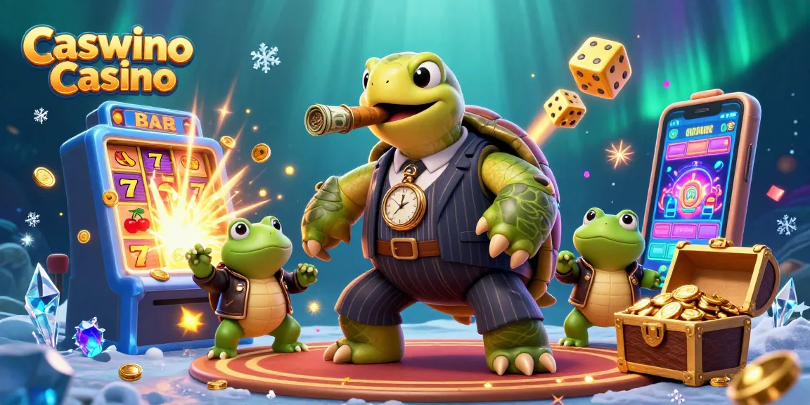 Engaging Caswino Casino scene with turtle mobster and bullfrogs amid vibrant gaming elements.