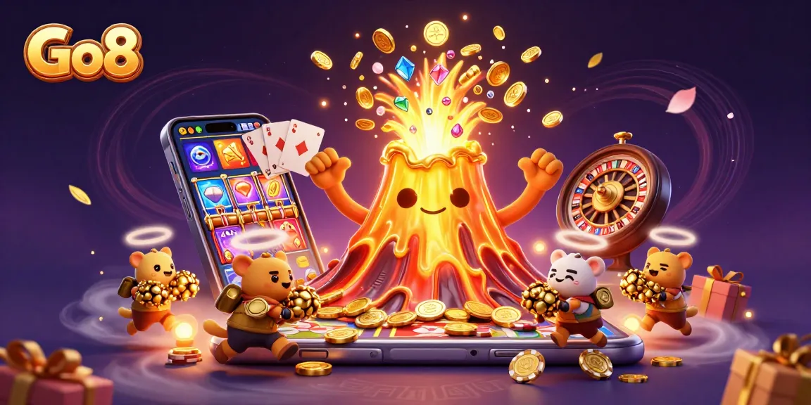 Engage with Go8's casino experience featuring a triumphant golden volcano and treasure hunters.