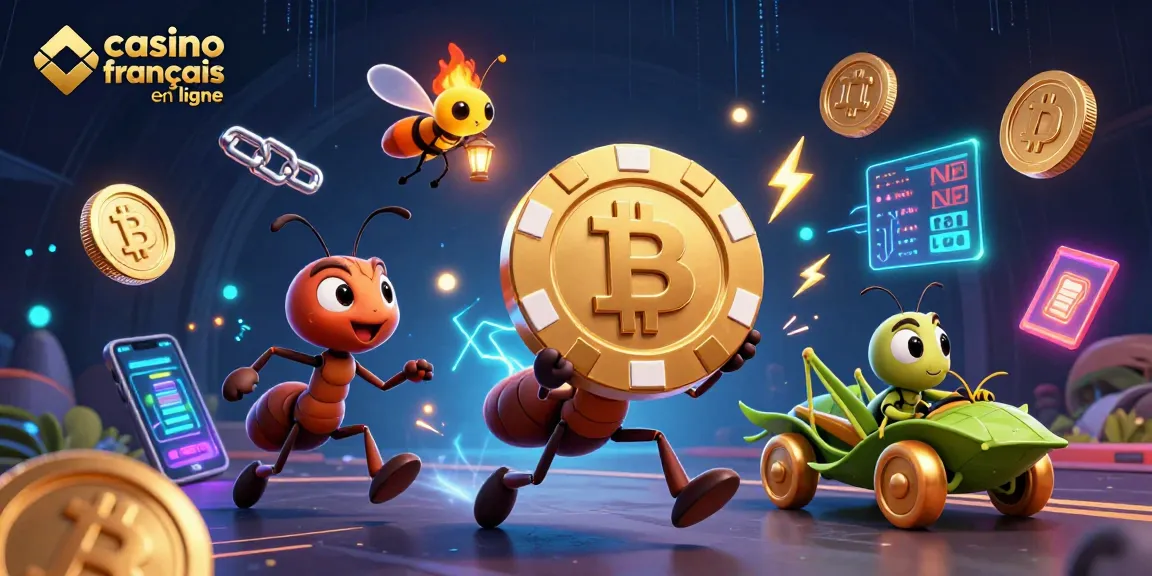 Fourmis transportant un énorme jeton de poker dans une illustration de casino dynamique, casino français en ligne.