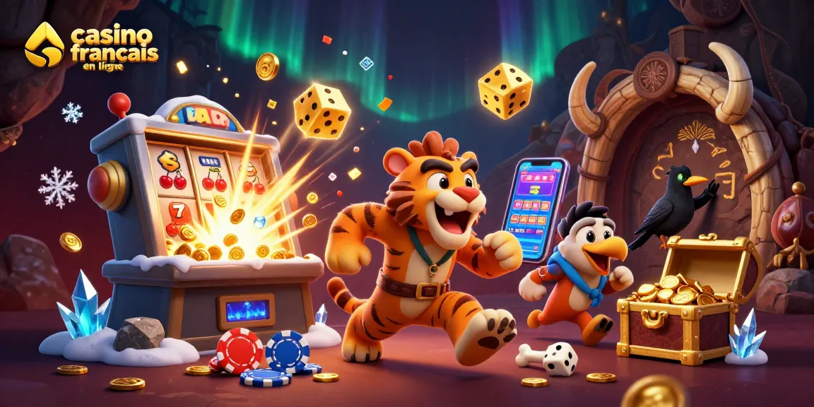 Découvrez le meilleur casino français en ligne avec une illustration dynamique et festive.