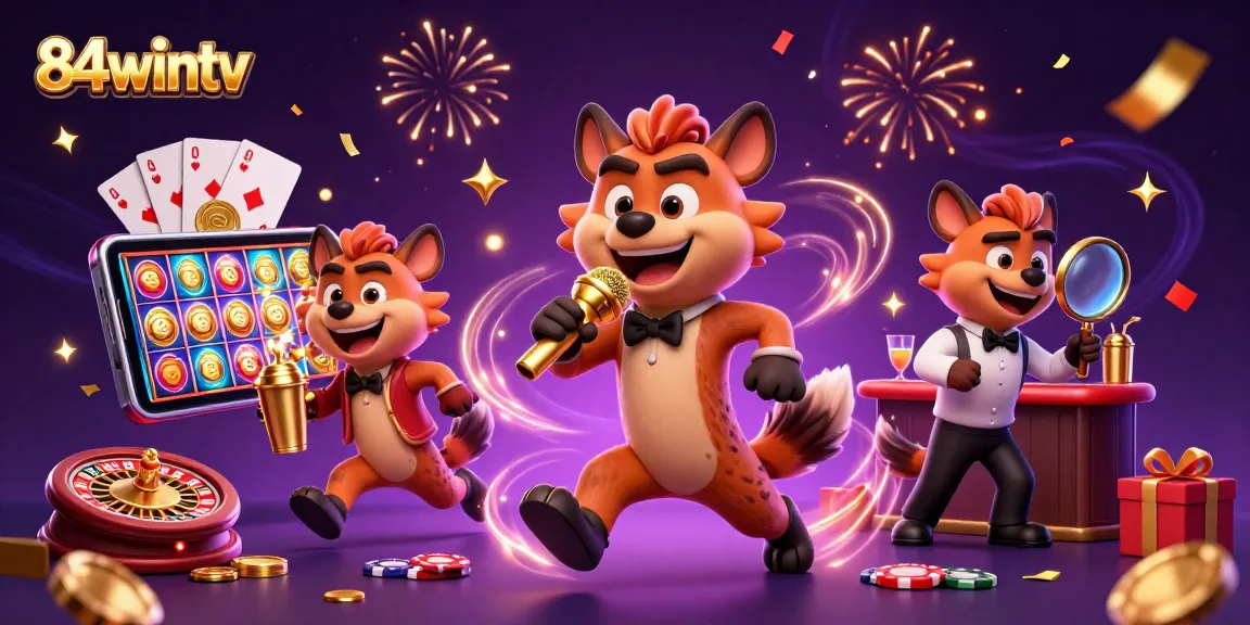 Experience the vibrant energy of 84wintv in a lively casino scene with hyenas, games, and fun!