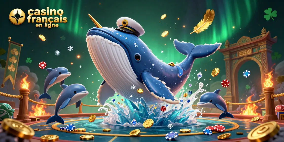 Visitez le casino français en ligne avec une scène dynamique de baleine, narval et dauphins jouant aux jetons.