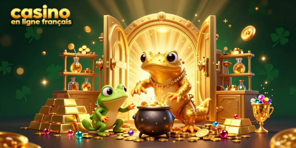 Illustration d'un alchimiste salamandre dorée et un apprenti grenouille dans un casino en ligne français, entourés de pièces d'or