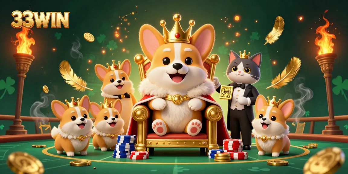 Engage in thrilling bets with 33WIN in an exciting colorful casino scene featuring royal characters.