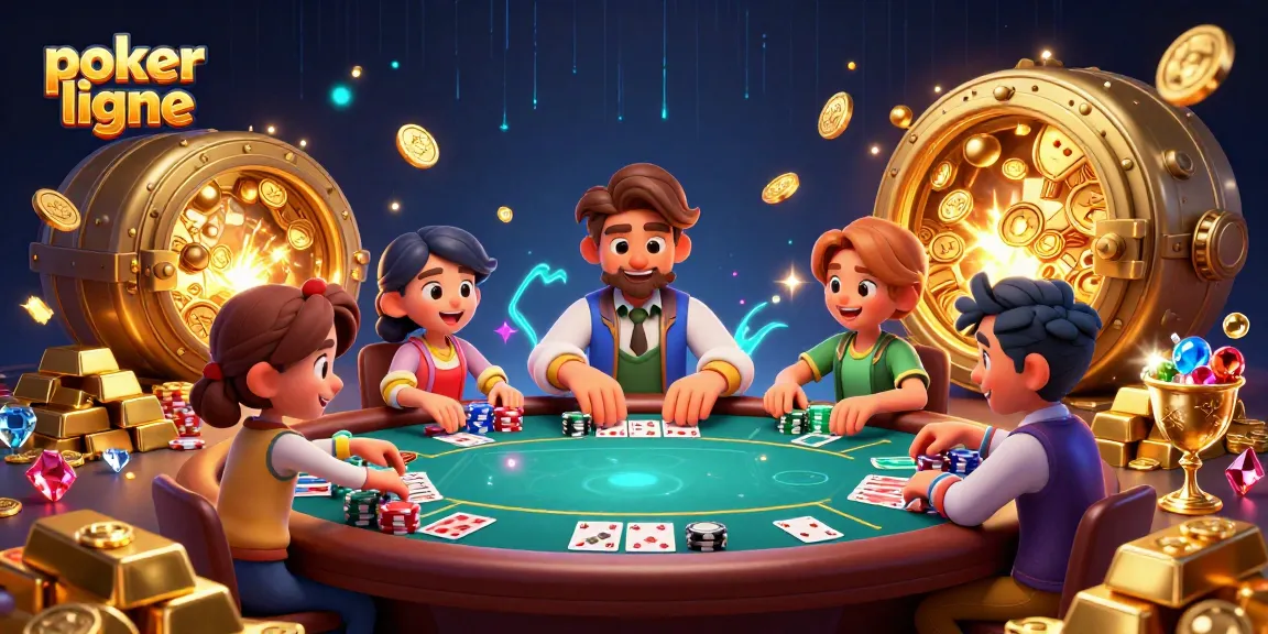 Jouez au poker en ligne dans une ambiance palpitante avec des jetons, des cartes et des lumières scintillantes.