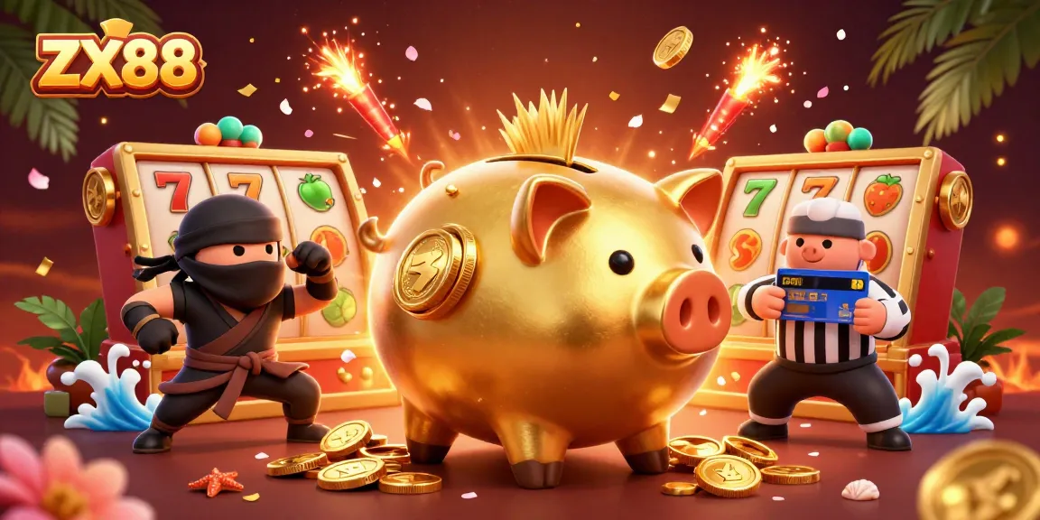 Experience thrilling gameplay at ZX88 as the giant piggy bank stomps, revealing hidden treasures.