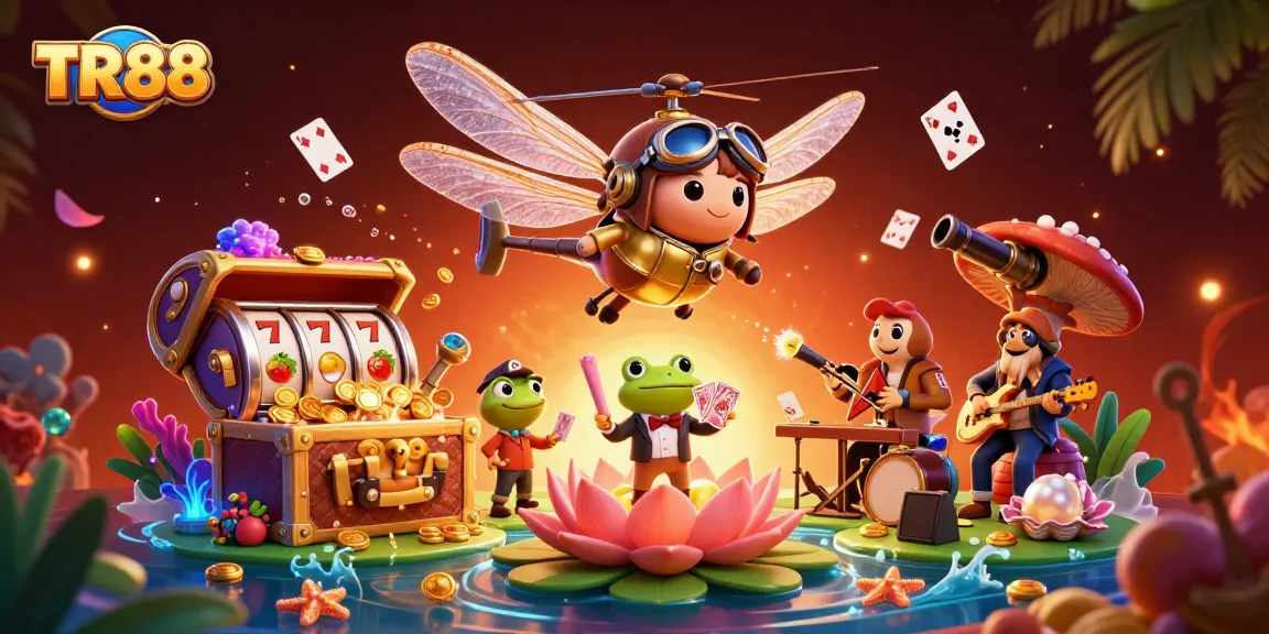 Engage in thrilling gameplay at TR88 with dynamic 3D illustrations of a vibrant casino scene filled with slots, cards, and lively characters.