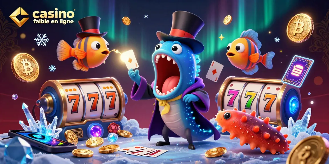 Illustration 3D de casino fiable en ligne avec des personnages marins en pleine magie, entourés de jetons Bitcoin.