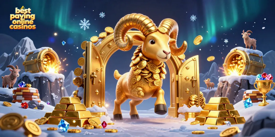 Feel the excitement at the best paying online casinos with this dynamic scene featuring a charging golden ram and treasure galore.
