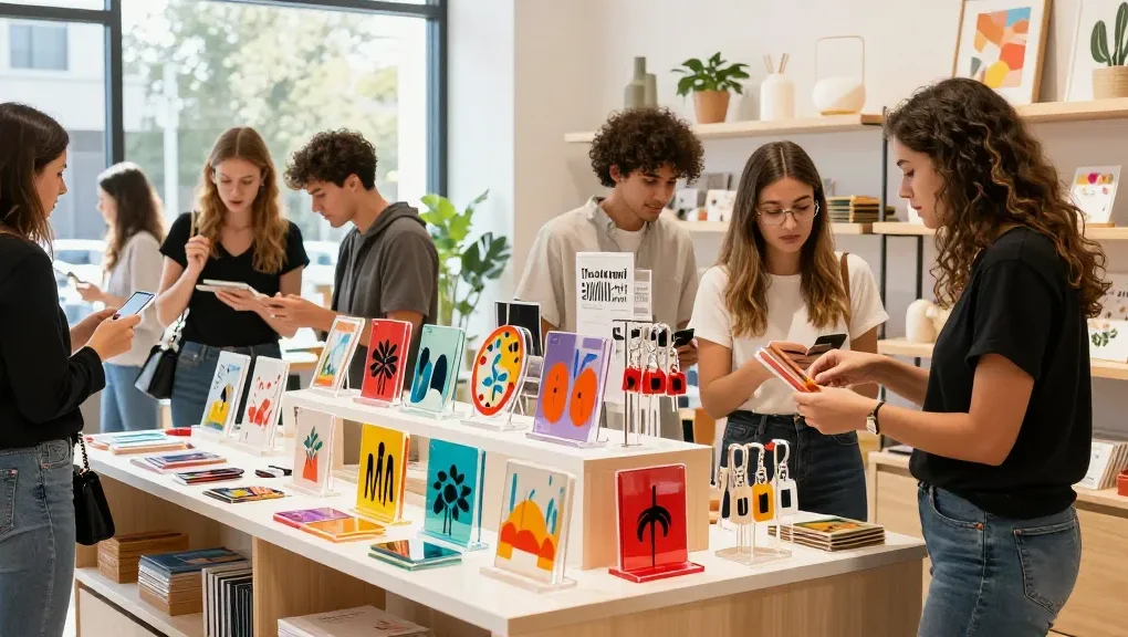 Vibrant scene of customers exploring custom acrylic stands in a lively lifestyle store.