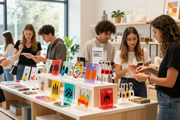 Vibrant scene of customers exploring custom acrylic stands in a lively lifestyle store.