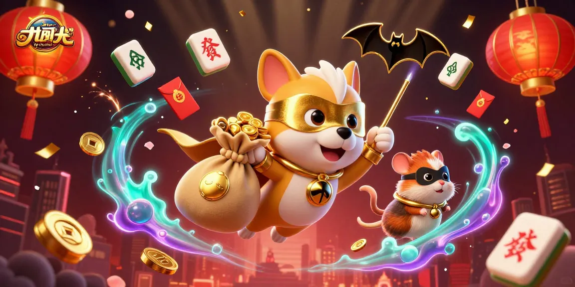 Capture the essence of betting strategies with a superhero dog and hamster flying against a vibrant casino-themed background while showcasing ty le keo nha cai.