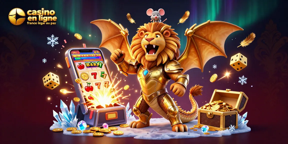 Découvrez les éléments d'un casino en ligne légal en France avec une illustration dynamique d'un chimera géant et d'une machine à sous en explosion.