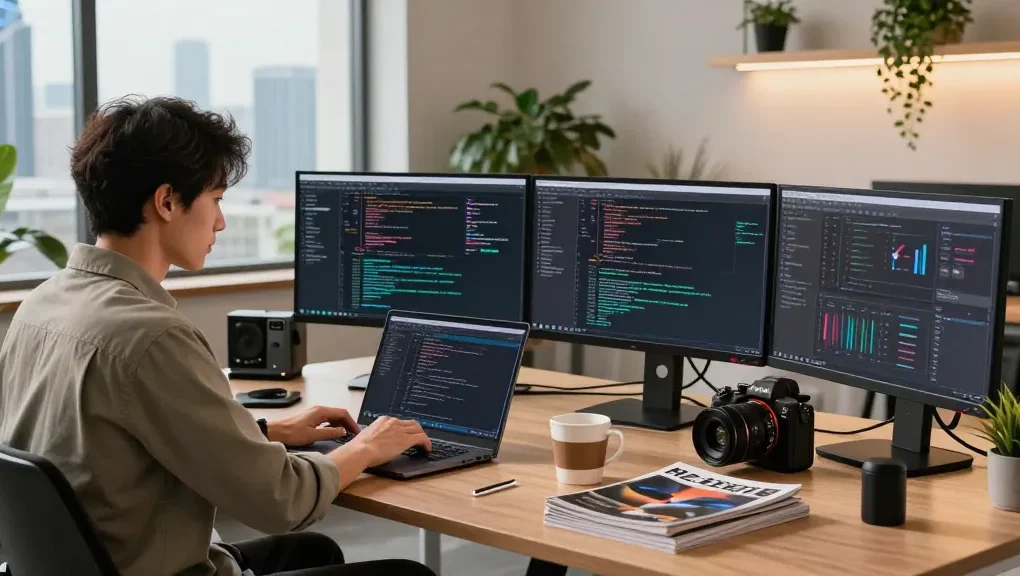 Engineer coding with NAGA2000 in modern office overlooking urban skyline.