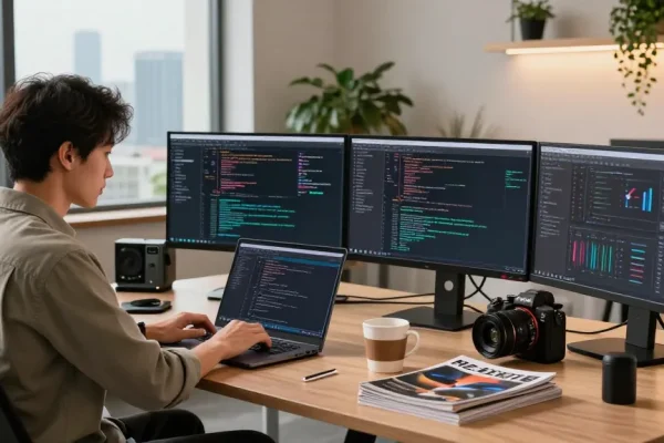 Engineer coding with NAGA2000 in modern office overlooking urban skyline.