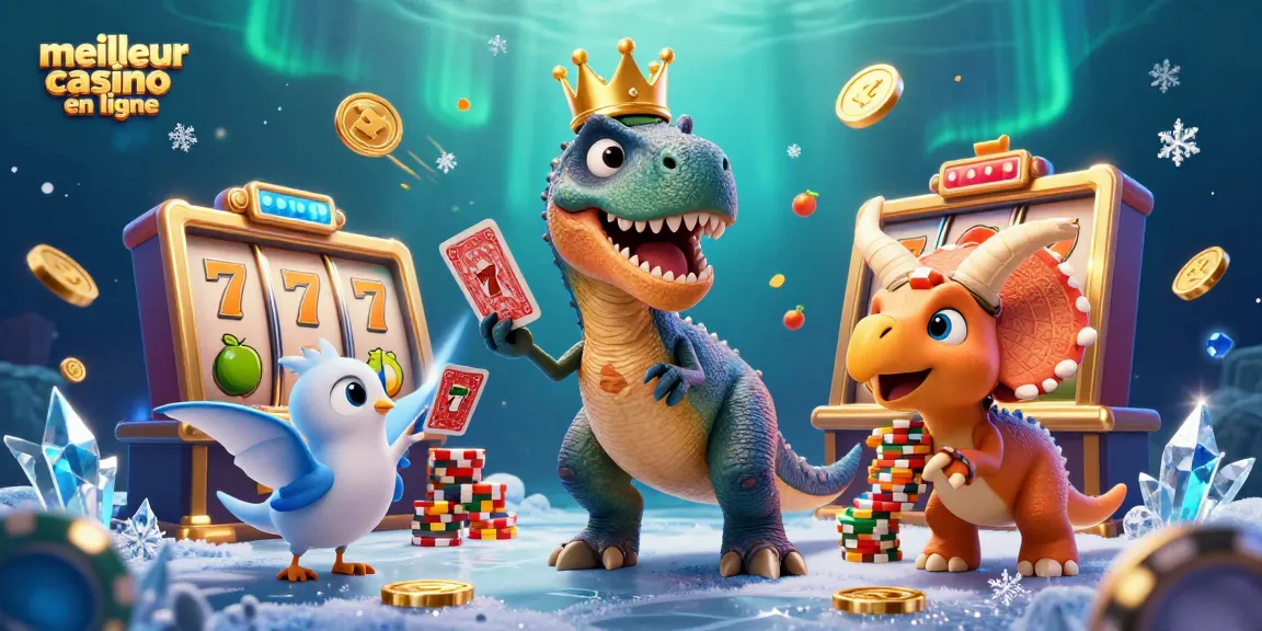 Découvrez le meilleur casino en ligne avec un T-Rex, assistant et triceratops dans un décor vibrant.