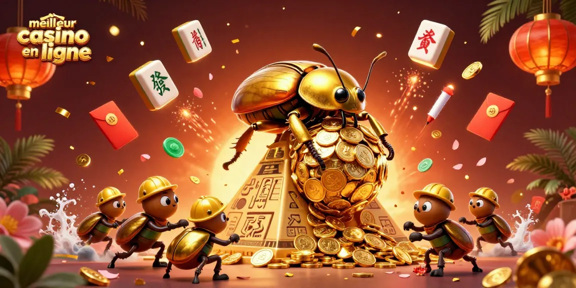 Visualisez le meilleur casino en ligne avec des scarabées dorés, des pièces d'or et des éléments de casino.