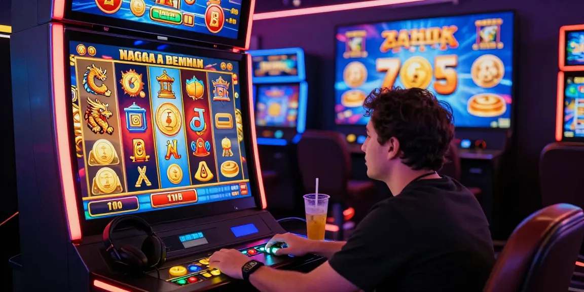 Player engaged at a naga slot machine, vibrant colors and symbols highlighting the thrilling gaming experience.