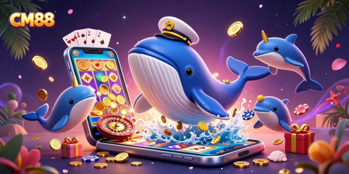 Experience the excitement of CM88 casino with a lively scene of a whimsical whale and gambling elements.