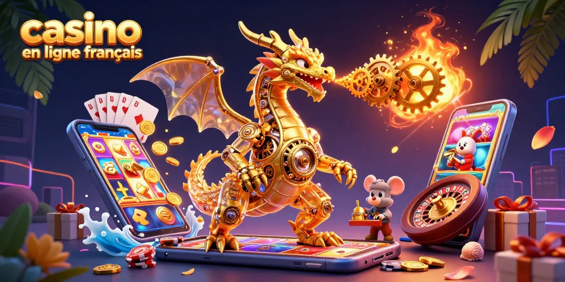 Plongez dans l'univers du casino en ligne français avec un dragon doré mécanique entouré de jeux et de richesses.