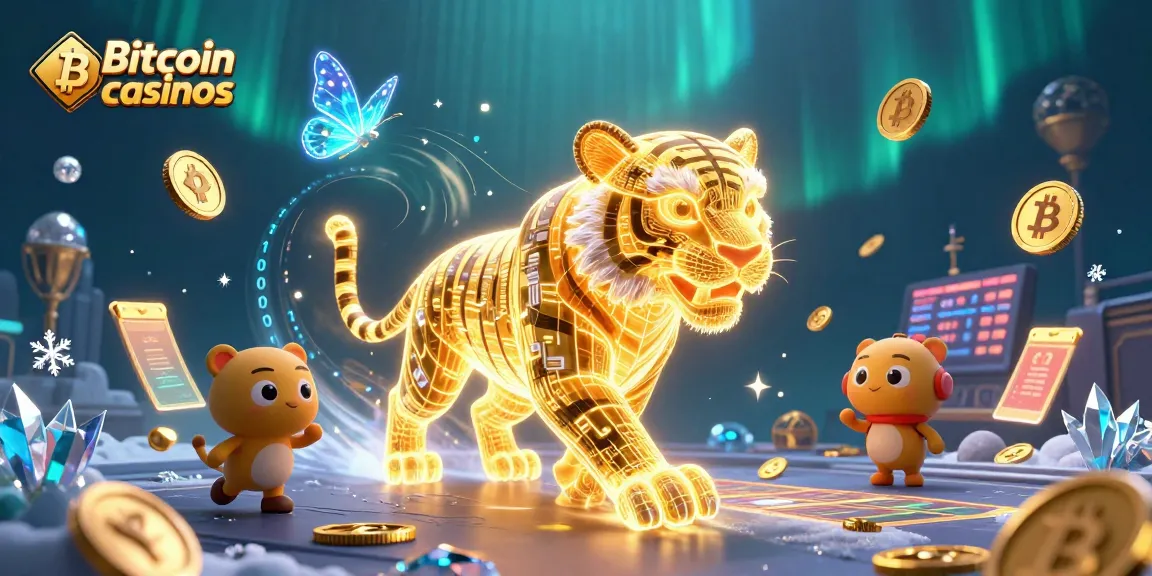 Jouer dans des Bitcoin casinos avec un tigre en lumière traversant un monde numérique captivant.