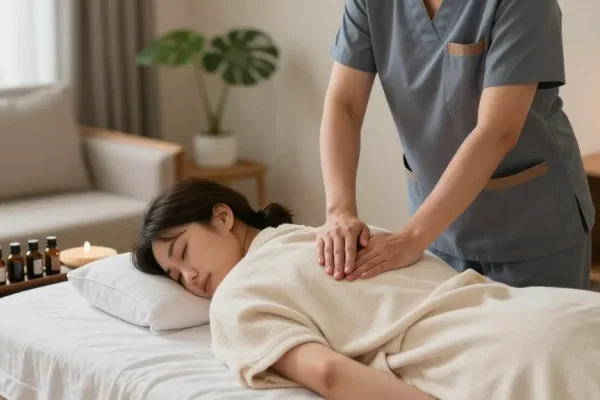 길동출장안마 service with a therapist providing a Swedish massage in a calming home environment.
