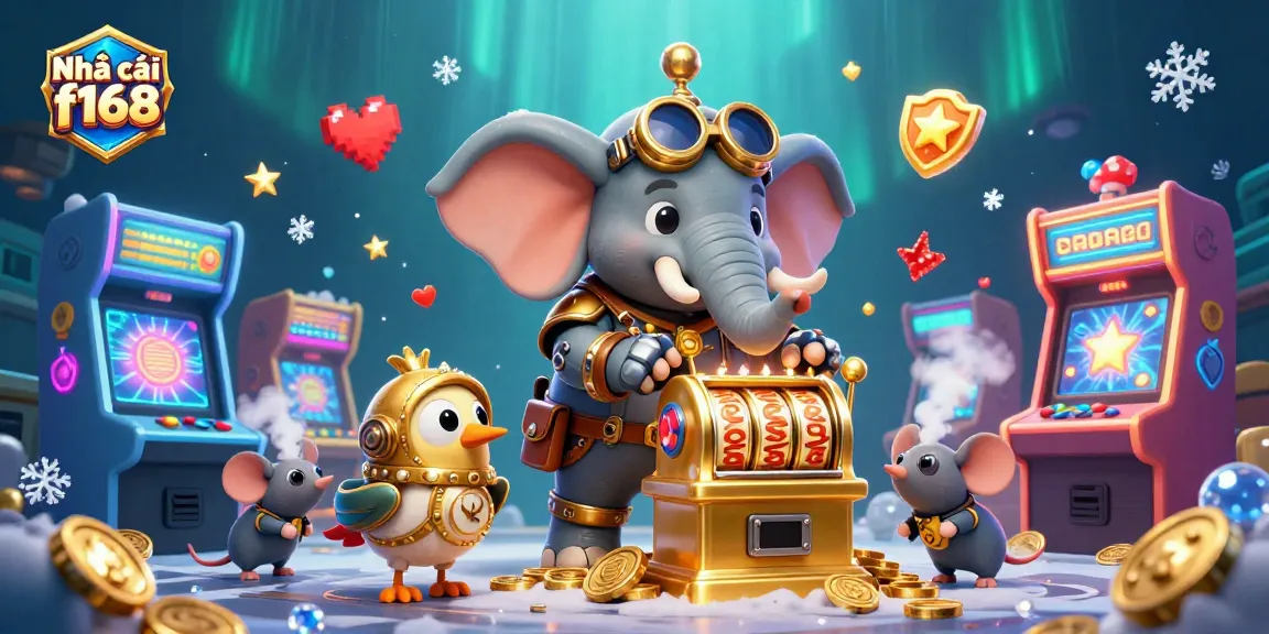 Engage with the thrilling slots experience at Nhà cái f168, showcasing cartoon characters and casino game elements.