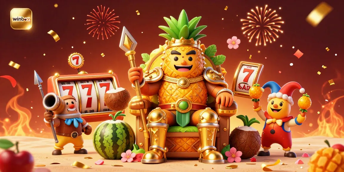 Winbox online casino features a vibrant scene of a pineapple king and jester surrounded by slot reels and festive elements.