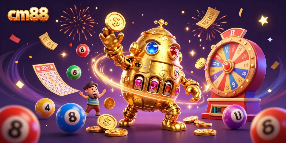 Engage with exciting cm88 gaming experiences featuring a golden golem surrounded by dynamic lottery elements.