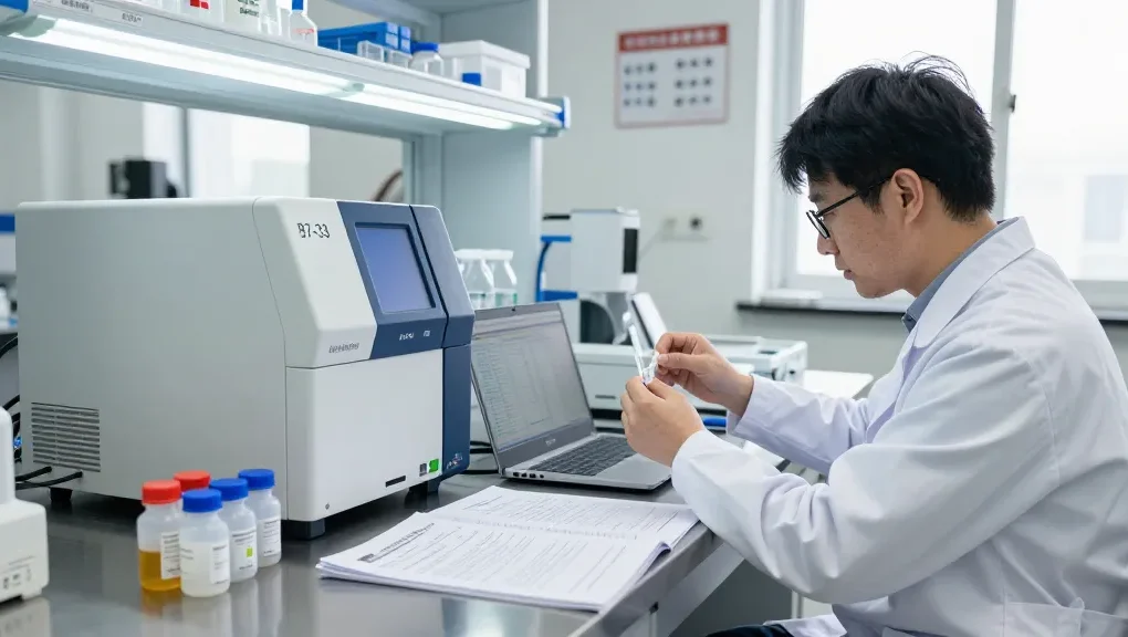 Scientist preparing b7-33 for sale in a laboratory setting, focusing on analytical equipment.