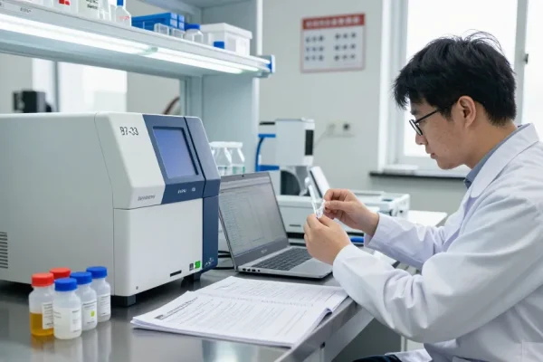 Scientist preparing b7-33 for sale in a laboratory setting, focusing on analytical equipment.