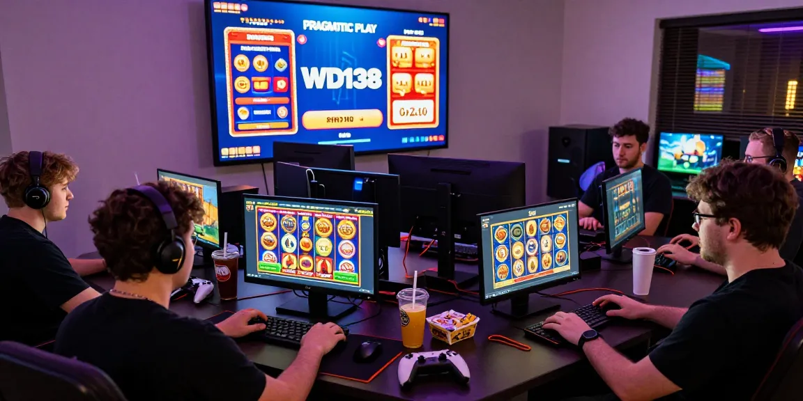 Players engaging in online slot games at WD138 login, vibrant screens and snacks enhancing the gaming experience.