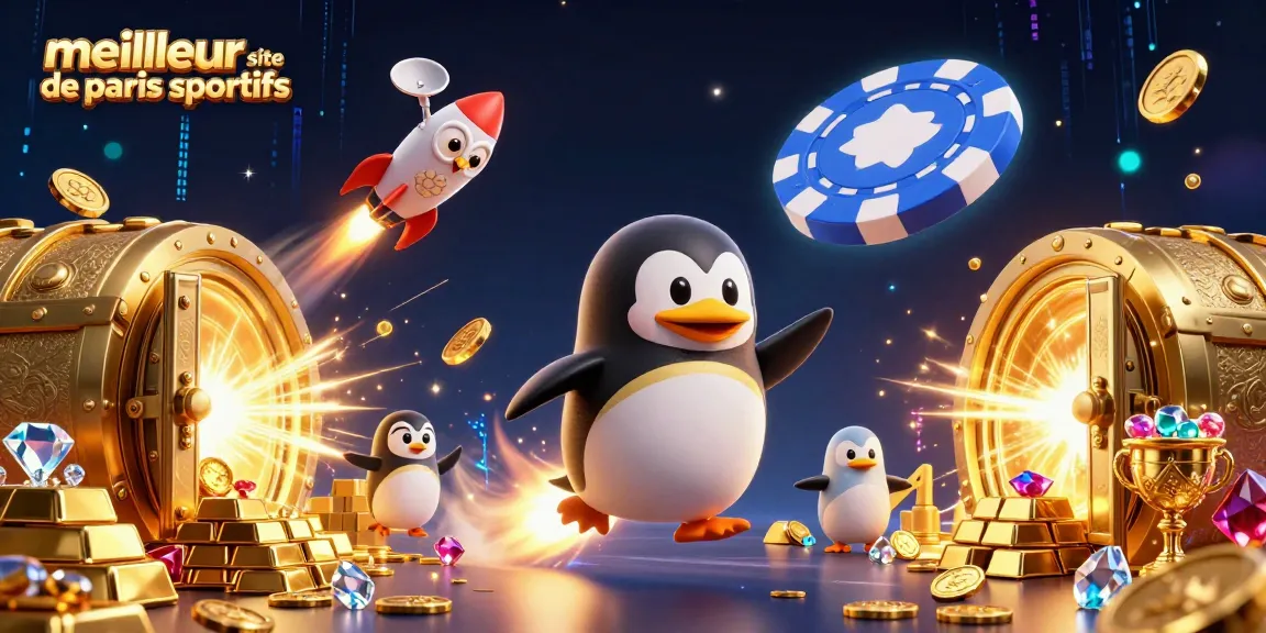 Découvrez le meilleur site de paris sportifs avec un pingouin doré en fusée dans un univers spectaculaire.