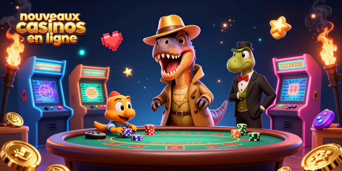 Jouez aux nouveaux casinos en ligne avec une illustration captivante de personnages de jeu et équipements lumineux.