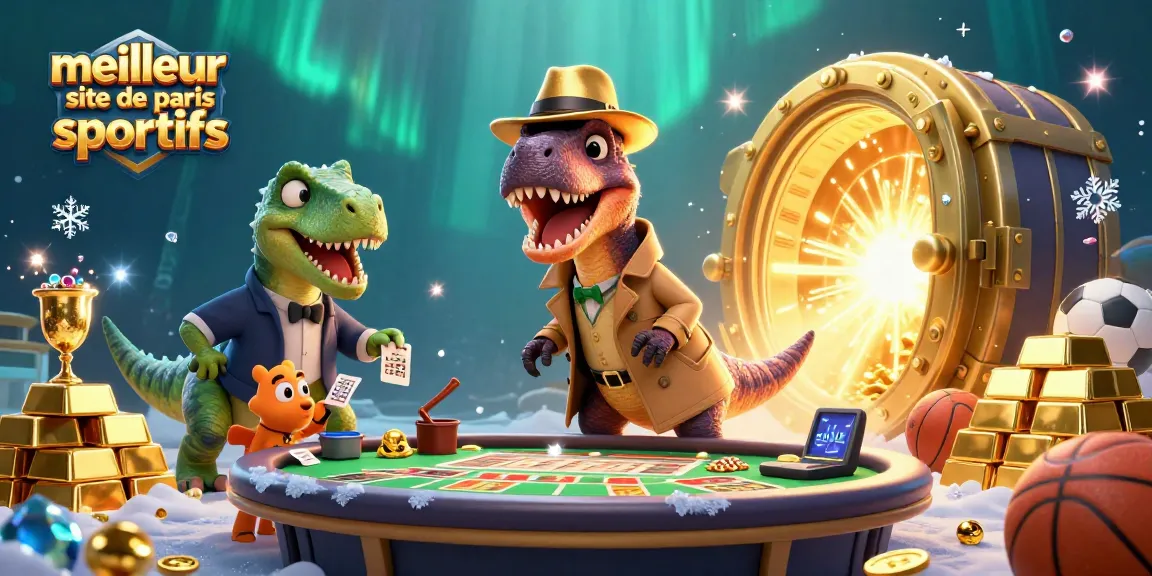 Une scène animée illustrant le meilleur site de paris sportifs avec des personnages de dinosaures pariant avec des billets.