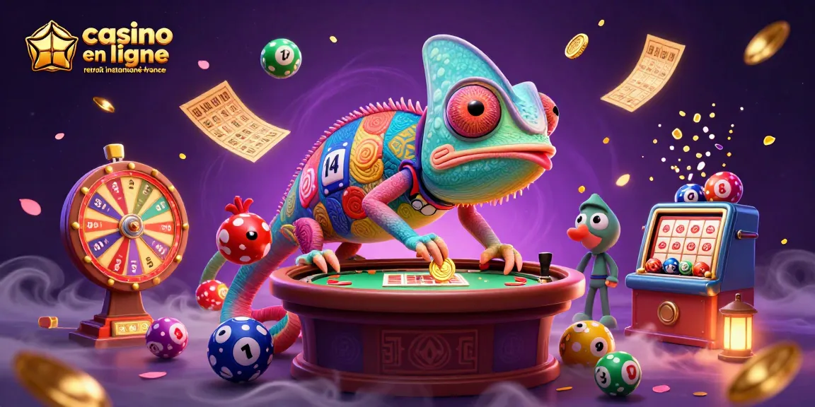 Vivez une expérience immersive avec le casino en ligne retrait instantané France, un caméléon du casino échangeant des jetons colorés.
