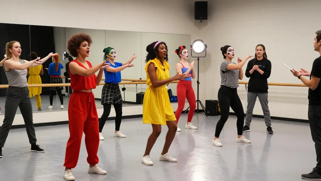Engaging rehearsal scene capturing performers at rokok88 theatre, showcasing creativity and collaboration.