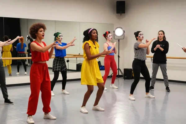 Engaging rehearsal scene capturing performers at rokok88 theatre, showcasing creativity and collaboration.