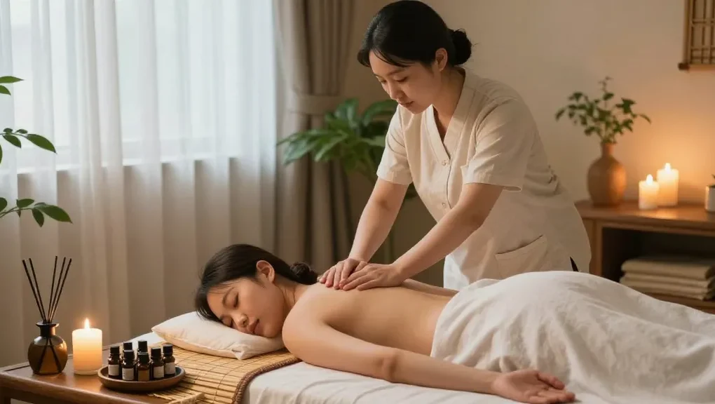 Relaxing massage therapy scene in 용인출장안마 spa, featuring a serene therapist and soothing atmosphere.