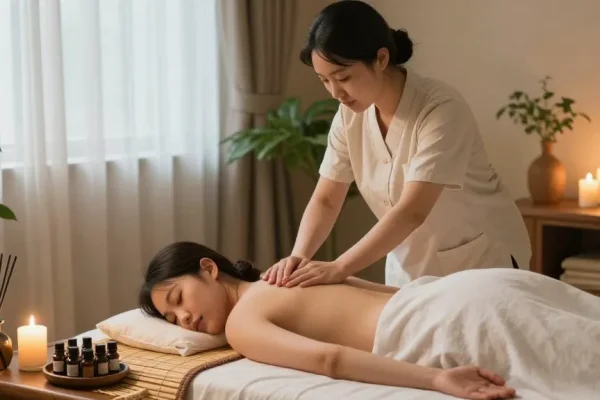 Relaxing massage therapy scene in 용인출장안마 spa, featuring a serene therapist and soothing atmosphere.