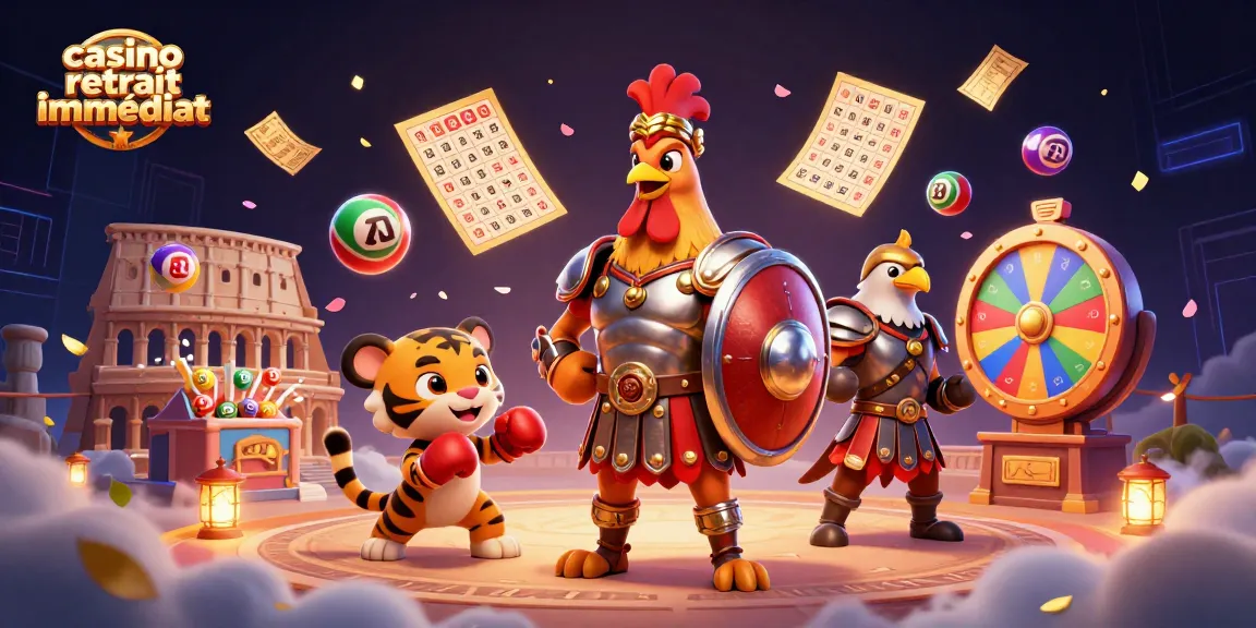 Illustration dynamique de casino retrait immédiat avec un coq gladiateur et un tigre, entourés de boules de loterie colorées.
