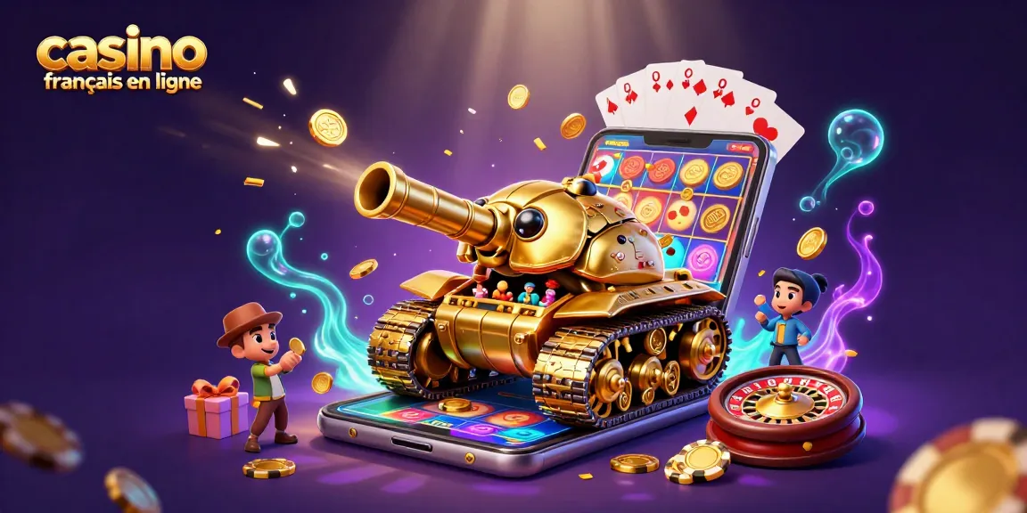 Jouez au casino français en ligne avec un tank doré et un mini-casino éclatant de couleurs.