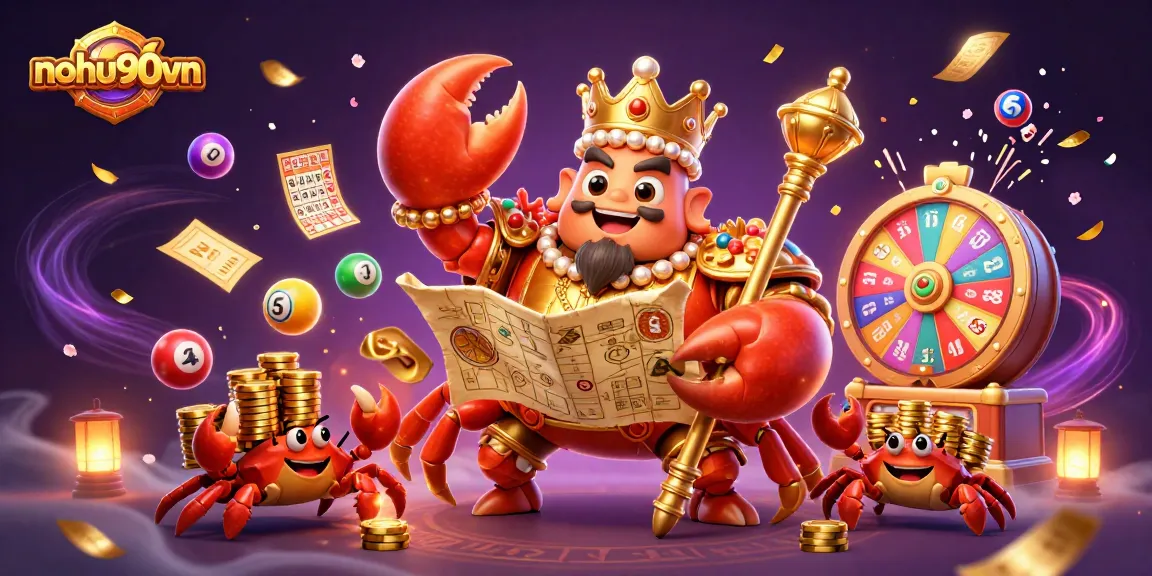 Nohu90vn features a vibrant lottery scene with a golden crab emperor and hermit crab servants.