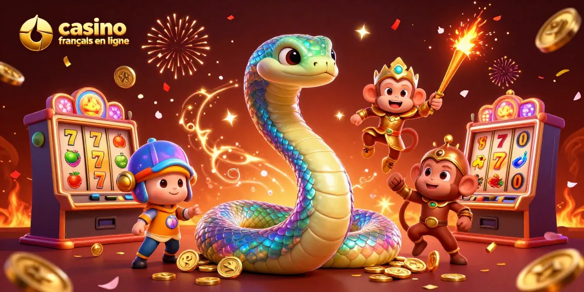 Illustration de serpent arc-en-ciel et roi singe sur un fond de casino français en ligne coloré.
